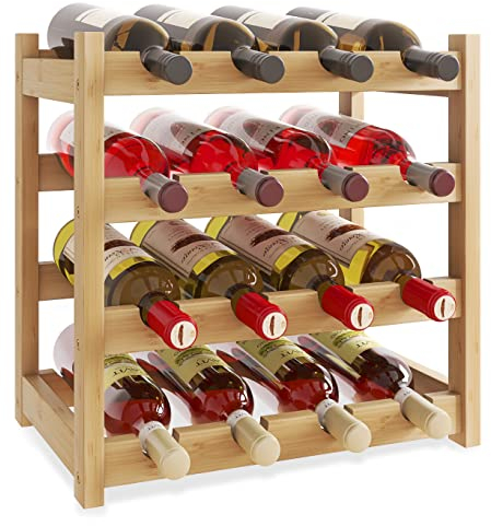 SMIBUY Bambus-Weinregal, 16 Flaschen-Display-Halter, 4-stöckige freistehende Lagerregale für Küche, Speisekammer, Keller, Bar (natürlich)