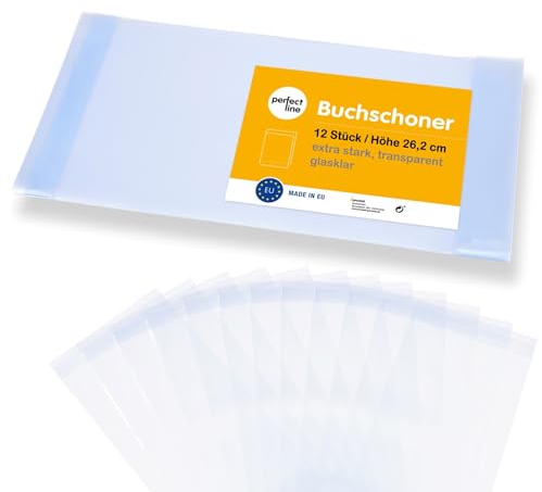 perfect line 12x Buchumschlag 26 cm Höhe, Schulbuchhülle extra stabil aus PP, Buchschoner glasklar, transparent, abwischbar, Hülle bis 54 cm Breite, Made in EU