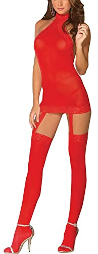 ROSVAJFY Babydoll Lingerie Donna Sexy Mini Abito con Calze, Biancheria Intimo Camicia da Notte Prospettiva Hot Bodystocking Mini Vestito Completi Intimi Maglia Body Halter con Reggicalze (Rosso)