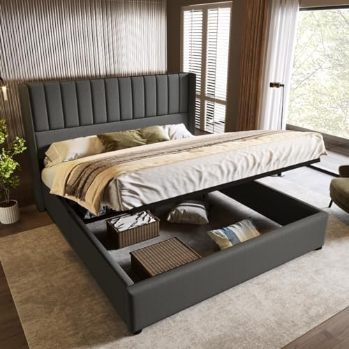 Sweiko Polsterbett180x200cm, Leinen Hydraulisch Bett Mit seinem vertikalen Streifendesign, Modernes Lattenrost Bet mit Stauraum,Funktionsbett von Aufbewahrung mit Metallrahmen (Ohne Matratze),Grau