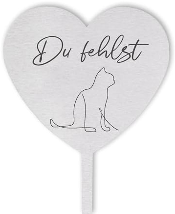 DOLORINO Grabstecker Katze Herz mit Spruch | Du fehlst | Grabschmuck | in Liebe für Deine geliebte Katze | eine wetterfeste Erinnerung aus Edelstahl