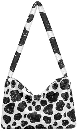 Mnsruu Flauschige Tragetasche aus Kunstfell, Vintage-Stil, Kuhfell-Handtasche mit Reißverschluss, weicher Plüsch, Umhängetasche, flauschige Tasche für Damen und Mädchen, A2738, Large