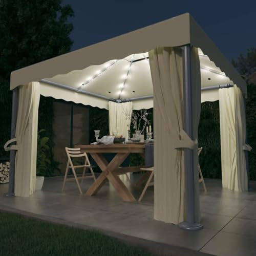 Gecheer Gazebo 3x3 m con Tende, Stringa di Luci LED e Zanzariera - Pergola da Esterno per Giardino, Feste e Barbecue - Bianco Crema