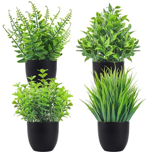 APOMOONS 4 Pezzi Mini Piante Artificiali Verde Plastica Pianta Finta in Vaso per Casa Bagno Ufficio Tavolo Decorazione