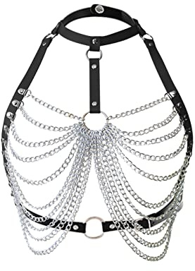 Generisch BH Kette Metall Körper Kette String Transparent Damen Punk-PU-Mehrschichtkette, BH-Kette, Metall-Körperkette Dessous Strapse Rot