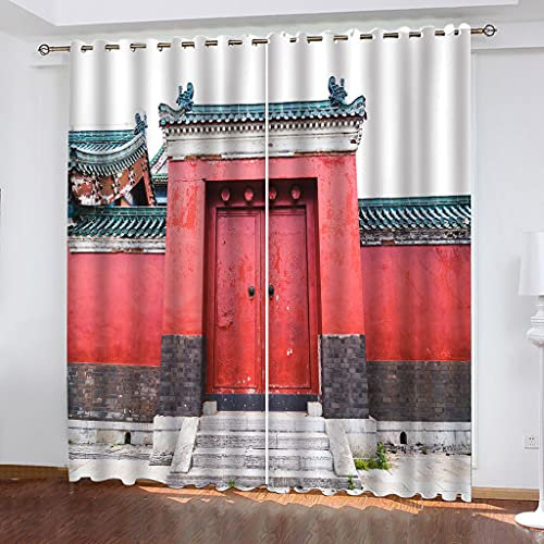 Vorhang Blickdicht Gardinen Mit Ösen, 2 Stücke Verdunklungsvorhänge 3D Rotes Türgebäude Muster Thermovorhang Für Kinderzimmer Schlafzimmer Weihnachtsgardinen 240X264cm (HxB)