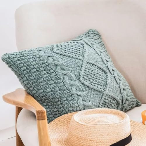 Fundas de Almohada de algodón de Punto Trenzado, cojín, Suave, Decorativo, de Doble Cara, para Cama, Coche, sofá, suéter, Funda de Almohada Cuadrada cálida (Azul Lago)
