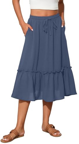 TASAMO Women's Elastic High Waist Flared Skirt with Tiered Hem and Adjustable Drawstring - Lightweight and Breathable for Everyday Wear
