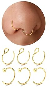 Diamday 6Stück Nasenpiercing Fake Nasenring Chirurgenstahl 22G/20G/18G | Nasenring Gold Silber Chirurgenstahl Septum Hoop Piercing Set Lippenpiercing Helix Knorpel Tragus Piercing Ohr 6/8MM