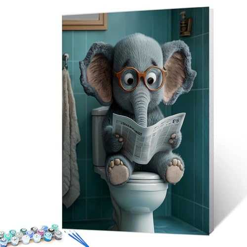 Malen nach Zahlen mit Brille und Elefant, rote Zeitung, Leinwand, Ölgemälde-Set für Erwachsene, Tiere, die auf dem Toilettensitz sitzen, digitale Malerei, Kunsthandwerk, Kunst, Geschenk für Zuhause
