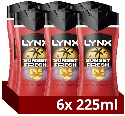 Lynx Sunset Fresh 3-in-1 Body Wash Men's Hair, Face and Body Cleanser with a mango & mandarin scent for all-day freshness 6x 225 ml
