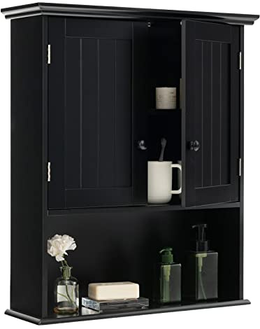 GIANTEX Badezimmerschrank hängend Holz, Hängeschrank Bad mit offener Ablage, Badschrank Wandschrank mit Türen & verstellbarem Regal, Badhängeschrank für Badezimmer Küche 60 x 19 x 71 cm (Schwarz)