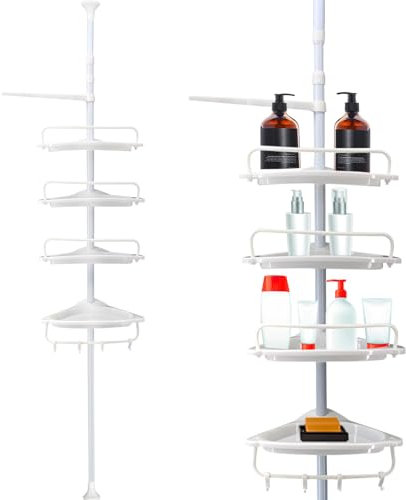Crystals 4-Tier Corner Shower Caddy – Adjustable Telescopic Bathroom Organizer, 95-300 cm Corner Shower Shelf, Space-Saving Storage for Toiletries, Durable Design (White)