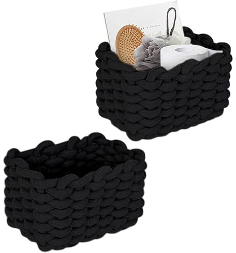 Förvaringskorg, 2 stycken flätad bomulls-stickkorg, 19 x 15 x 12 cm bomull badrumskorg, flätad svart, bomullsrep, korgar svart flätade, för hudvårdsprodukter
