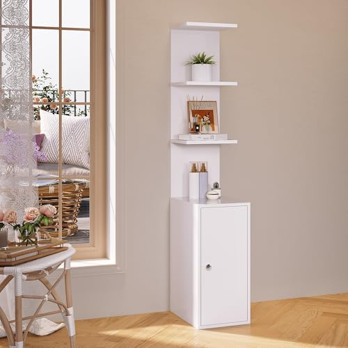 SONNI Standregal, Bücherregal, 3-stufiges mit Schrankfach, Weiß 30x40x160cm | Schminkkommode, Regal, Küchenregal, 160 cm hoch, frei stehend für Kosmetik, Bücher, Ideal für Wohnzimmer, Bad & Office
