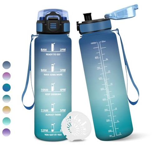 Motswedi Borraccia, 1000ML Senza BPA, Borraccia Motivazionale, Con marca temporale, Design della serratura a prova di perdite, Bottiglia Acqua per Sport, Scalare Montagne - Blu&Verde