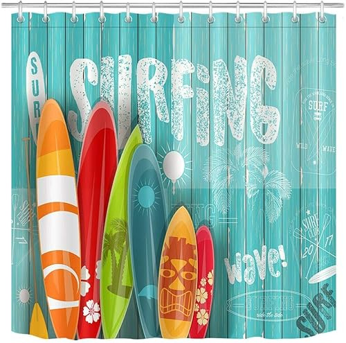 okoikfc Duschvorhang 120 x 200 cm Blaues Surfbrett, 3D Duschvorhang Anti-Schimmel Surfen, Shower Curtains Polyester Stoff Wasserdicht Duschvorhänge für Badezimmer, Bad Vorhang mit 8 Haken a1820