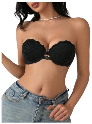GORGLITTER Women's Strapless Front Fastening Bandeau Bras Lace Push Up Bra