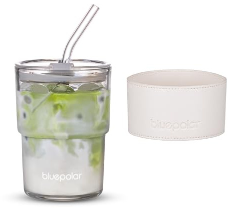 BLUEPOLAR 13oz/400ml Glass Water Tumbler with Straw and Lid Sealed Carry on Thick Wall Iced Coffee Cup for Water, Iced Tea, Fruit Juice (White with Protective Sleeve)