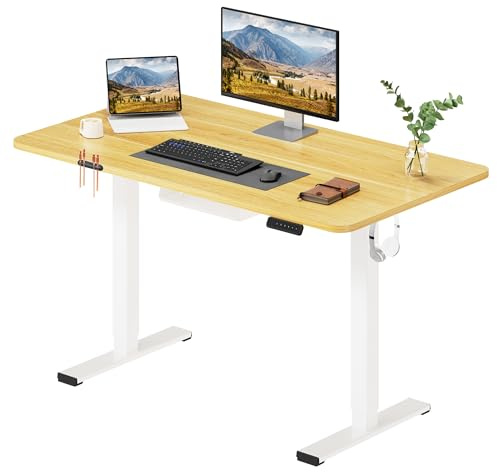 SANODESK Escritorio Elevable Eléctrico 120cm con Tablero Entero de Una Pieza, Regulable en Altura con Memoria, Estable y Silencioso, con Gancho y Portabotella, Oficina y Hogar (Arce)