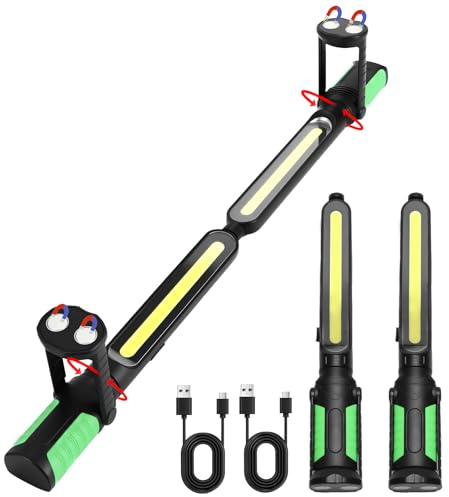 Luz de trabajo LED brillante de 2400 lm, 2 luces de trabajo magnéticas recargables de 2200 mAh con ganchos y base giratoria de 360°, 5 modos de luces mecánicas para reparación de automóviles
