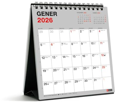 Miquelrius - Calendrier de bureau 2026 Basic, organiseur annuel 140 x 150 mm, avec espace pour noter, planificateur 12 mois, reliure spirale double, catalan