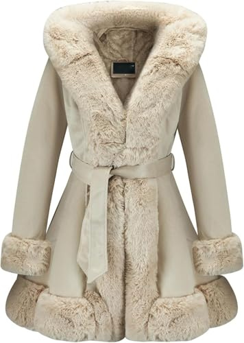 Giacca in camoscio con collo in pelliccia sintetica per donna, cappotto caldo invernale con capispalla con cintura (Beige,3XL)