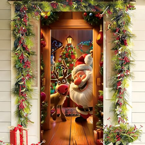 SGQTGIMU Weihnachten Türbanner 90x200cm, Weihnachtsmann Türabdeckung aus Polyester, Türdeko mit Rentier für Haustür, Weihnachts Tür Hängedeko für Haus, Büro, Party-A