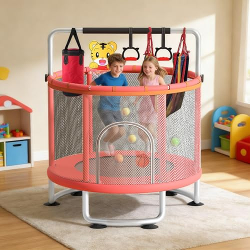 Trampoline Exterieur Enfant 162cm, Trampoline Enfant Réglable pour Tout-Petits avec Panier de Basket, Balançoire, Sac de Sable, Balles de Mer, Trampolines de 200kg avec Filet de Protection (Rouge)