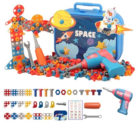 YIXANNX Juego de Herramientas para niños, Caja de Herramientas Juguete con Forma Oso y Taladro eléctrico, Juego Tornillos, Taladro Juguete para niños 3 años, , B