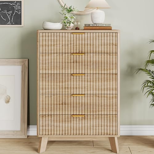 FEEOHOME träbyrå med 5 lådor, smal byrå med kantskydd, byrå i landhusstil för sovrum, vardagsrum, kontor, naturlig, 73 x 40 x 110 cm (A)