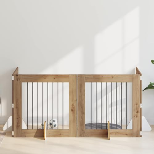 QUAHEAS Hundetor mit Ständern aus Metall und Holz, faltbar 321 x 80 cm, 4-teilig, Artisan-Eiche, modularer Hundezwinger für Innen, tragbar, Schutzabsperrung für Welpen und Hunde
