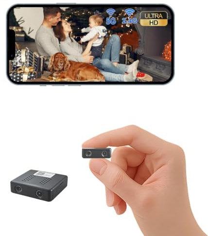 XNJ Mini Kamera, 4K Überwachungskamera Innen Akku 2.4/5 GHz WLAN, Bewegungserkennung, Nachtsicht, SD & Cloud Speicher, ideal für Zuhause, Baby & Büro, Schwarz