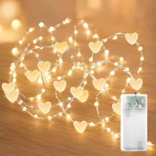 ZingBox Lichterkette Herz Perlen mit Timer, 2M 20 LED, Warmweiße