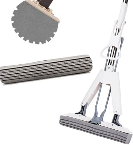 Starpia Fregona de Esponja, 2×Super Absorbente PVA Cabeza de Trapeador 34CM, Absorción de Agua Mango Telescópico 135CM Rápida Limpieza de Suelos