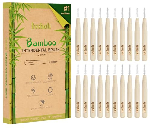 Isshah Biodegradable Bamboo Handle Interdental Brushes Between Teeth Cleaner Deep Clean Toothpick, Size 1 (0.45mm), 40 Count