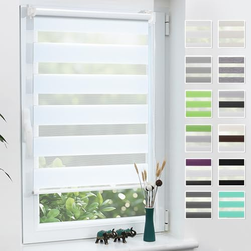 Grandekor Doppelrollo Klemmfix ohne Bohren Weiß 75x130cm(Stoffbreite 71cm) Fenster Rollos für innen Klemmrollos Duo Rollos für Fenster ohne Bohren mit Bohren Privatschutz UV-Schutz Zebrarollo