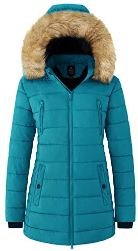 Wantdo Femme Duffle Coat Doublure Polaire Manteau Chaud en Coton Manteau à Capuche Détachable Veste Hiver Parka Militaire Slim Fit Bleu L