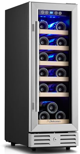 Kalamera Mini Fridge 18 Bottle - 12 inch Wine Cooler Refrigerator, Built-in or Freestanding, with Stainless Steel & Double-Layer Tempered Glass Door, and Temperature Memory Function Wine Fridge