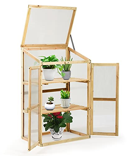 DREAMADE Frühbeet aus Massivholz, Hochbeet mit Transparenten Wänden, Gewächshaus mit Öffbarem Deckel, Lichtdurchlässiges Treibhaus, Wetterfest, aus Polycarbonatglas, für Garten & Balkon (Modell 3)