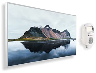 Könighaus Panorama Bildheizung 1200 Watt - Smart Thermostat - 18-29 m² | App, weißer Rahmen, Motiv: 03. Berg und See, TÜV SÜD, Infrarot Wandheizung