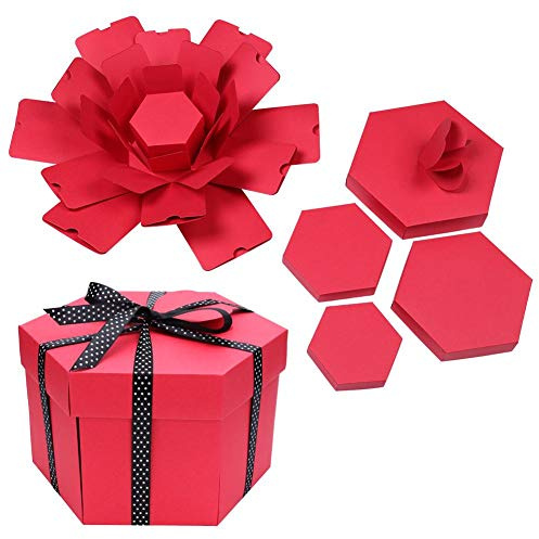 Explosion Box Überraschungsbox Sechseckig DIY Fotoalbum Scrapbooking Faltbare Geschenkbox Box Geschenk for Geburtstag Valentinstag Hochzeit (Rot)