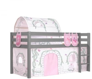 Vipack Spielbett Pino mit Textilset Vorhang, Tunnel und 3 Taschen Birdy Kiefer massiv grau lackiert