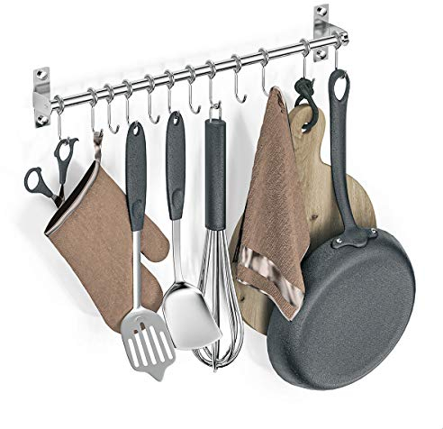Booxihome Wall Mounted Utensil Rack, Stainless Steel Hanging Kitchen Rail with 12 Removable Hooks, Hanger Organizer for Utensil 50cm(20)