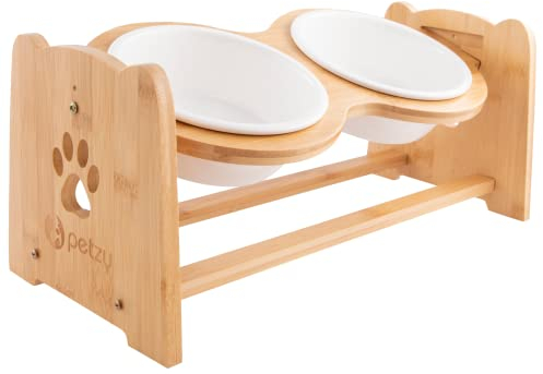 Petzy Premium Hundenapf Keramik oder Katzennapf, 700 ml pro Napf | Höhenverstellbar, Perfekter Futternapf für Hund und Katze | Näpfe mit Futterstation aus Bambus