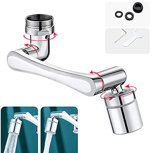 Robinet d'Extension Multifonctionnel Rotatif à 1440 Degrés, YRAKOZIN Accessoire de Filtre Robinet, 1080°Mousseur avec Deux Méthodes de Sortie d'eau pour Cuisine Salle de Bain - Argent (Tout Laiton)
