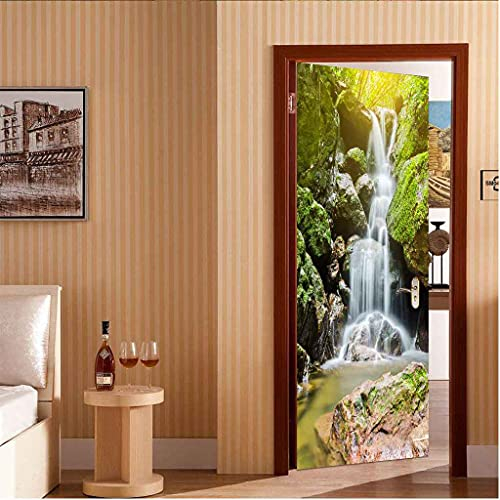 JGCAI 3D Türaufkleber Wohnzimmer Schlafzimmer Badezimmer Grüner Sonnenscheinwald Wasserfall Türtapete Türposter 90x200cm Wandbilder Selbstklebend Tür Poster Vinyl Entfernbar Mauer Aufkleber Zuhause D