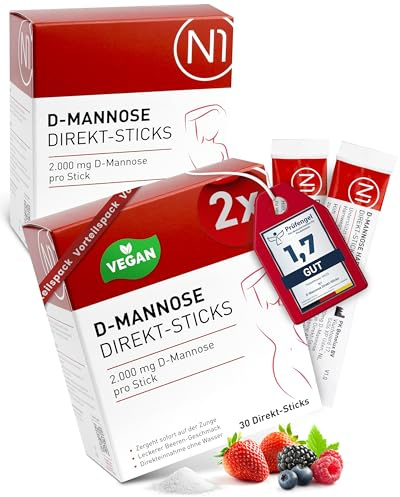 N1 D-Mannose Direkt-Sticks 60 St. - 2.000 mg DMannose pro Stick | Praktisch für unterwegs & auf Reisen - Ohne Wasser einnehmbar - glutenfreies Nahrungsergänzungsmittel ohne Zusatzstoffe