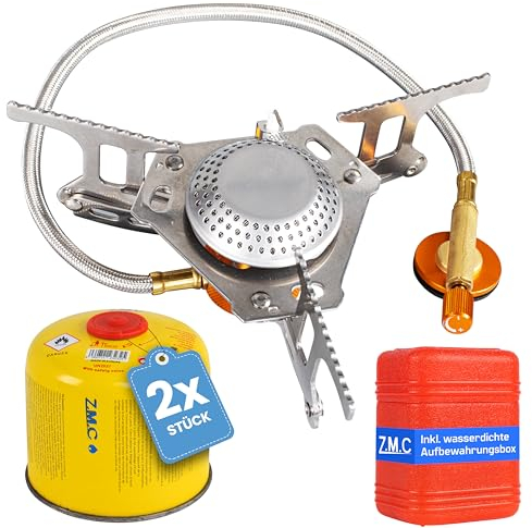 Z.M.C Mini Campingkocher, transportabler Kartuschenkocher, Gaskocher aus rostfreiem Stahl mit Aufbewahrungsbox mit 2x Gaskartuschen 3700W, Verbrauch 213g/h Piezo-Zündung, für Outdoor Aktivitäten