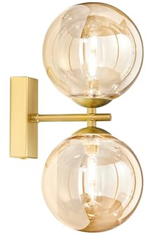 meineWunschleuchte Elegante Wandleuchte mit Schalter, Metall Messing & Rauchglas Kugeln Amber mundgeblasen